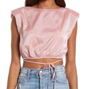 WAYF Women's Pink Satin Alisso Cropped Cap Sleeve Floss Top Size 1X New